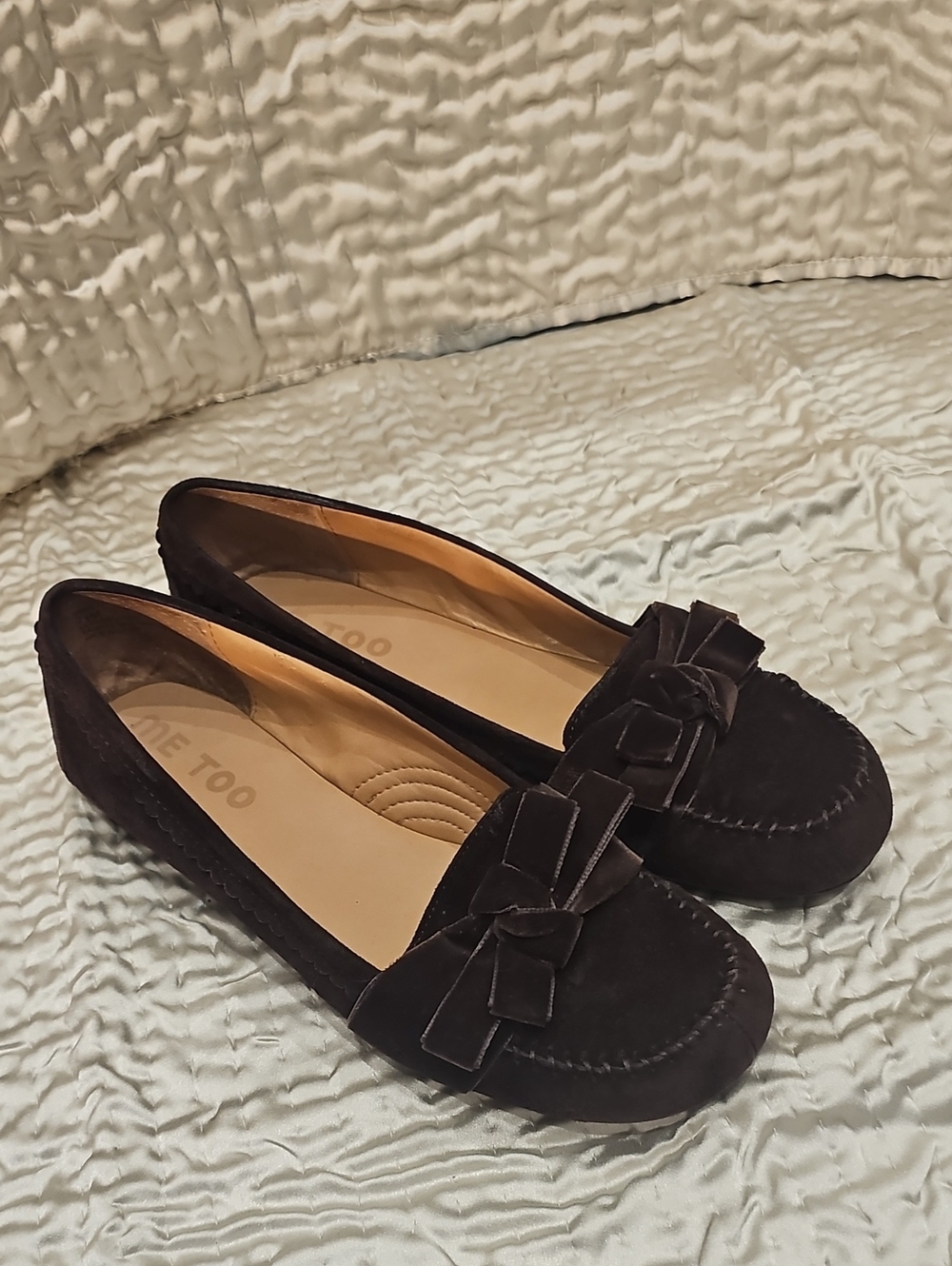 me too Dark Brown Velvet Bow Loafers
